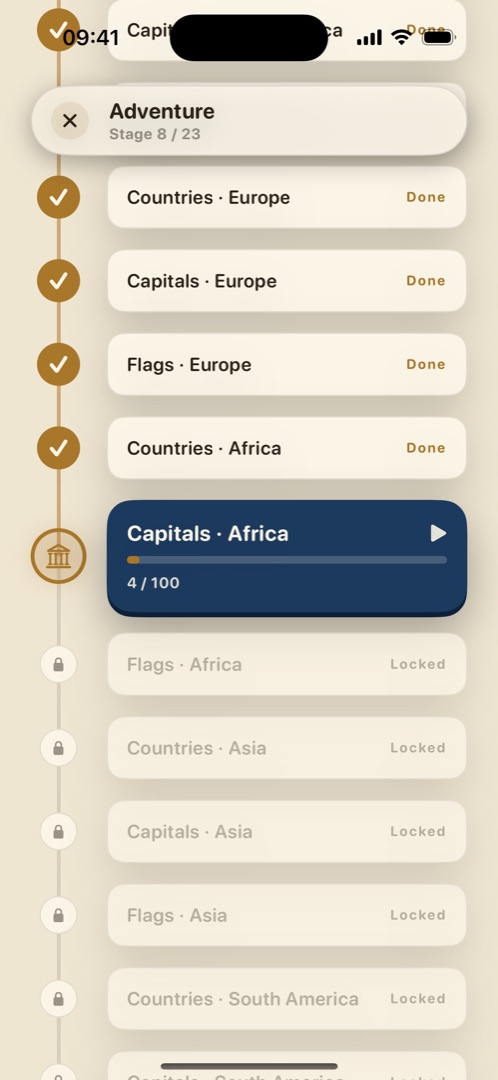 Adventure mode: a path of stages per continent, with completed, current and locked stages.