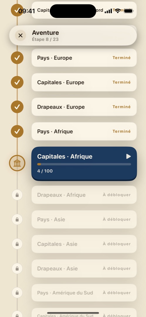 Mode Aventure : parcours d’étapes par continent, avec étapes terminées, étape en cours et étapes à débloquer.