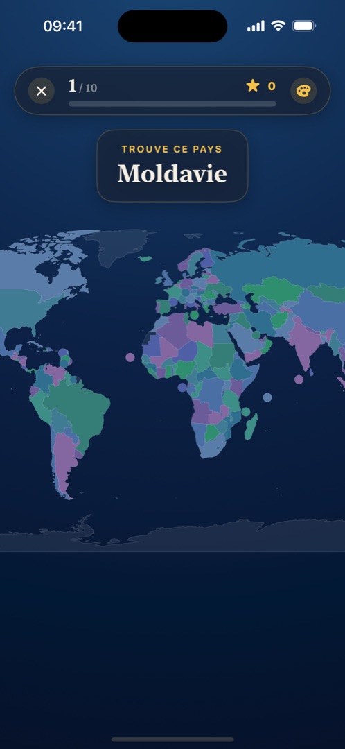 Carte du monde en thème Nuit pendant une partie.