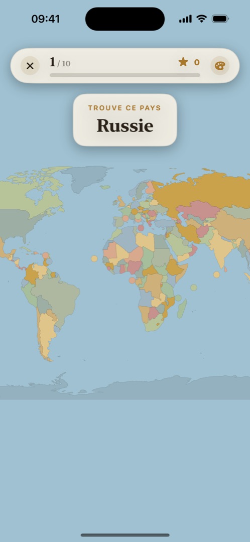 Carte du monde interactive : trouver la Russie en la touchant sur la carte.
