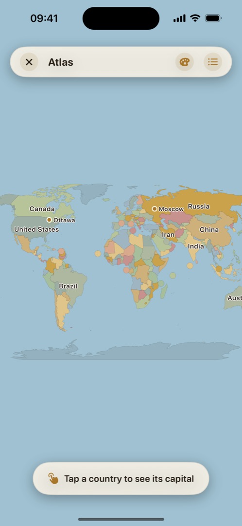 Atlas: world map with country and capital labels, free to explore.