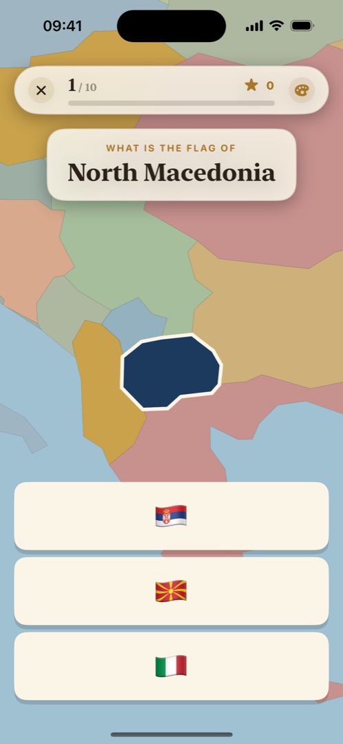 Flag quiz: Zimbabwe is highlighted on the map and three flags are offered.