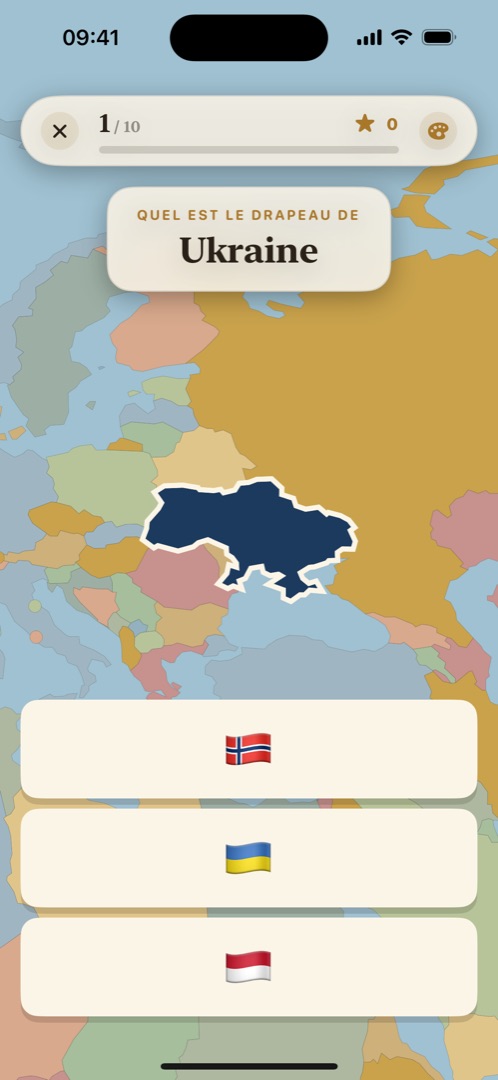 Quiz de drapeaux : l’Ukraine est surlignée sur la carte, trois drapeaux sont proposés.