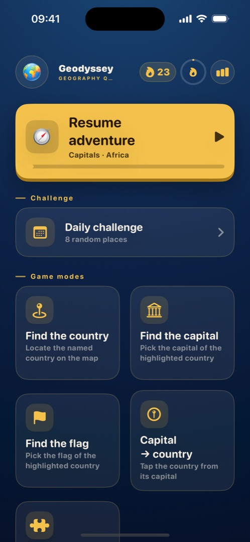 Home screen in Night theme: deep navy background with gold accents.