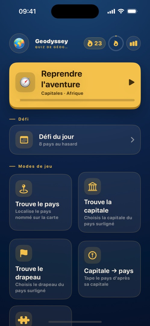 Écran d’accueil en thème Nuit : fond bleu nuit et accents dorés.