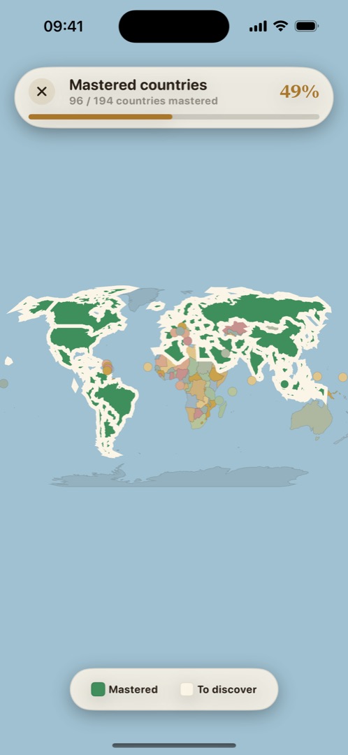 Collection map: mastered countries shown in green, 96 out of 194.