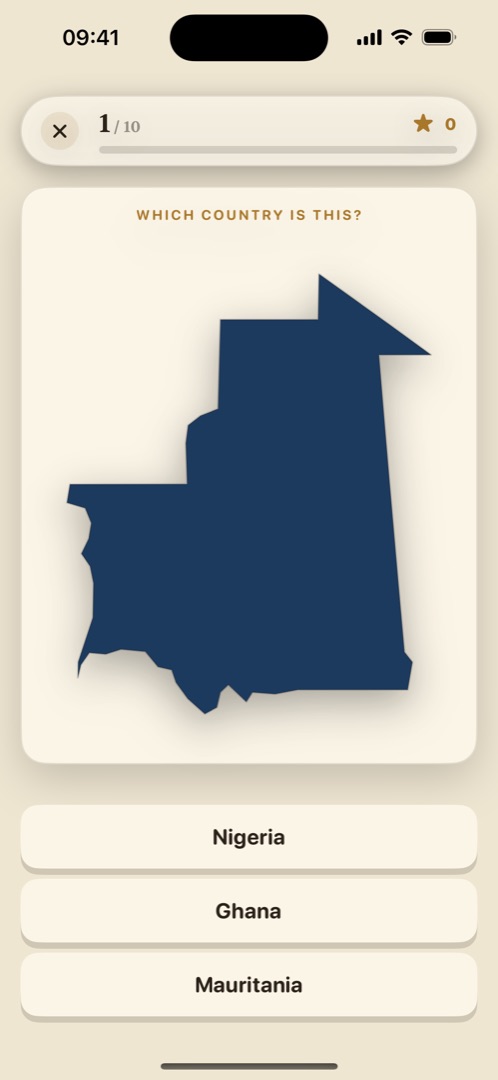 Shape mode: a country silhouette is shown with three country names to choose from.