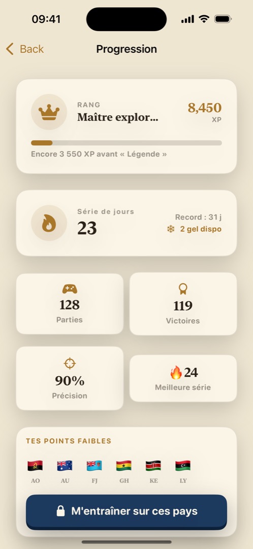 Écran de progression : rang, XP, série de jours, précision et points faibles.